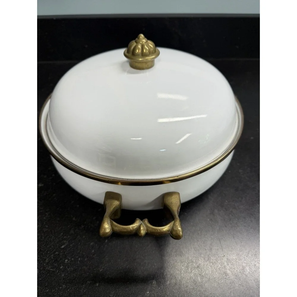 Vintage Bon Chef White Enamel Steamer Pan w Lid Brass Handles Buffet Ware